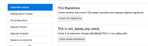 TCA migration related buttons Two TCA migration related buttons in the TYPO3 Install Tool