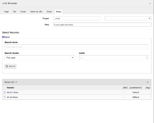 Screenshot of the link browser with news records enabled